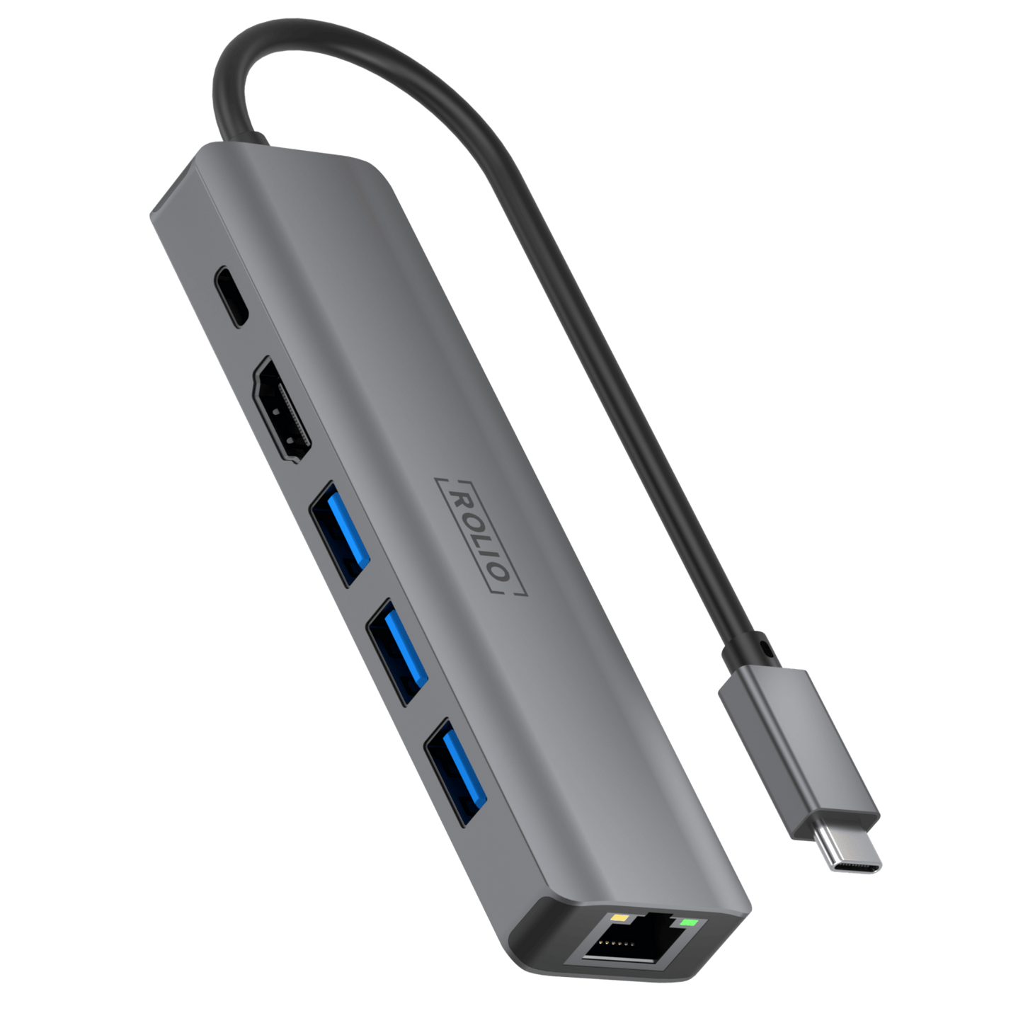 Rolio USB C Hub - 6 in 1 - 1Gbps Ethernet RJ45 - HDMI - USB-C Charging - 3x USB 3.0