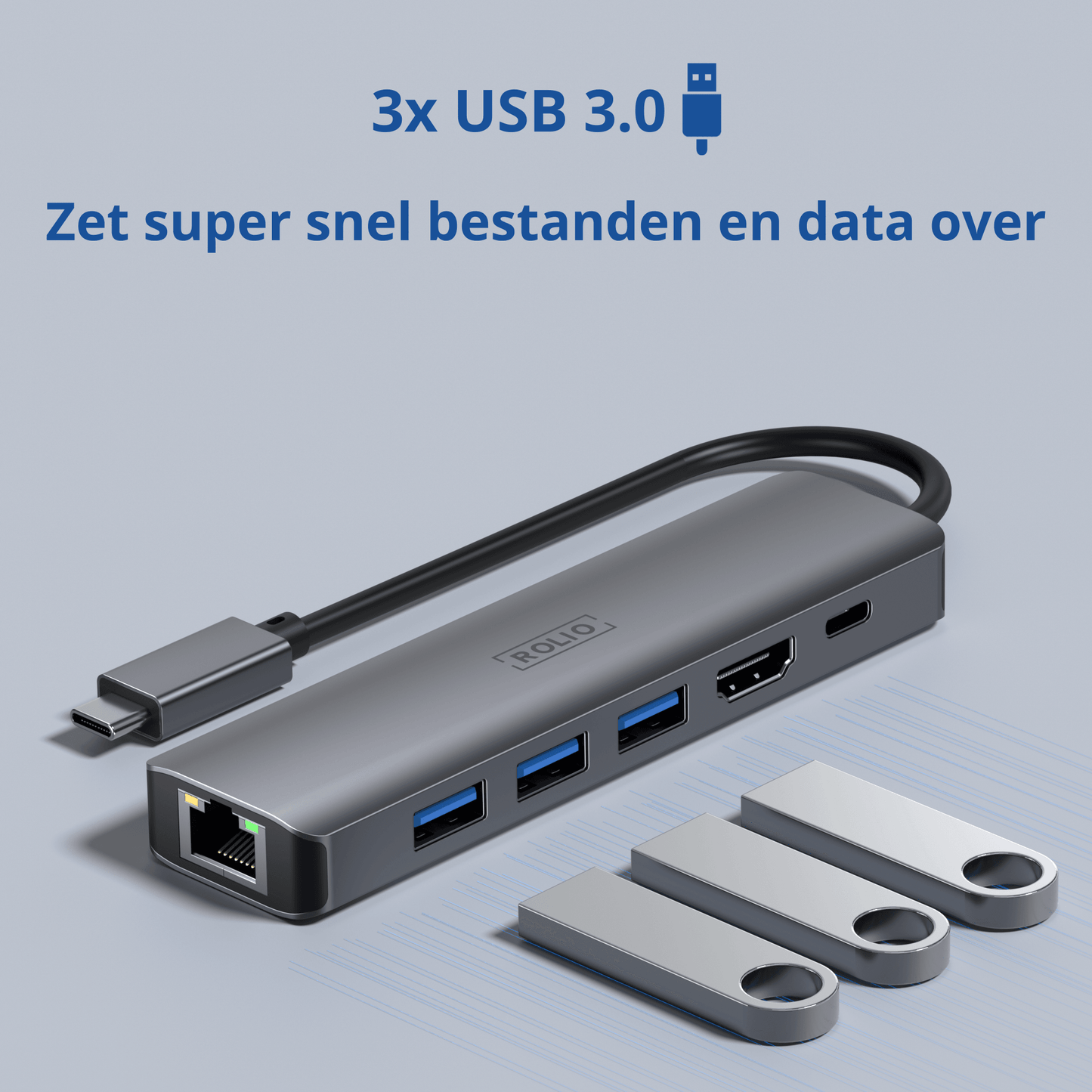 Rolio USB C Hub - 6 in 1 - 1Gbps Ethernet RJ45 - HDMI - USB-C Charging - 3x USB 3.0