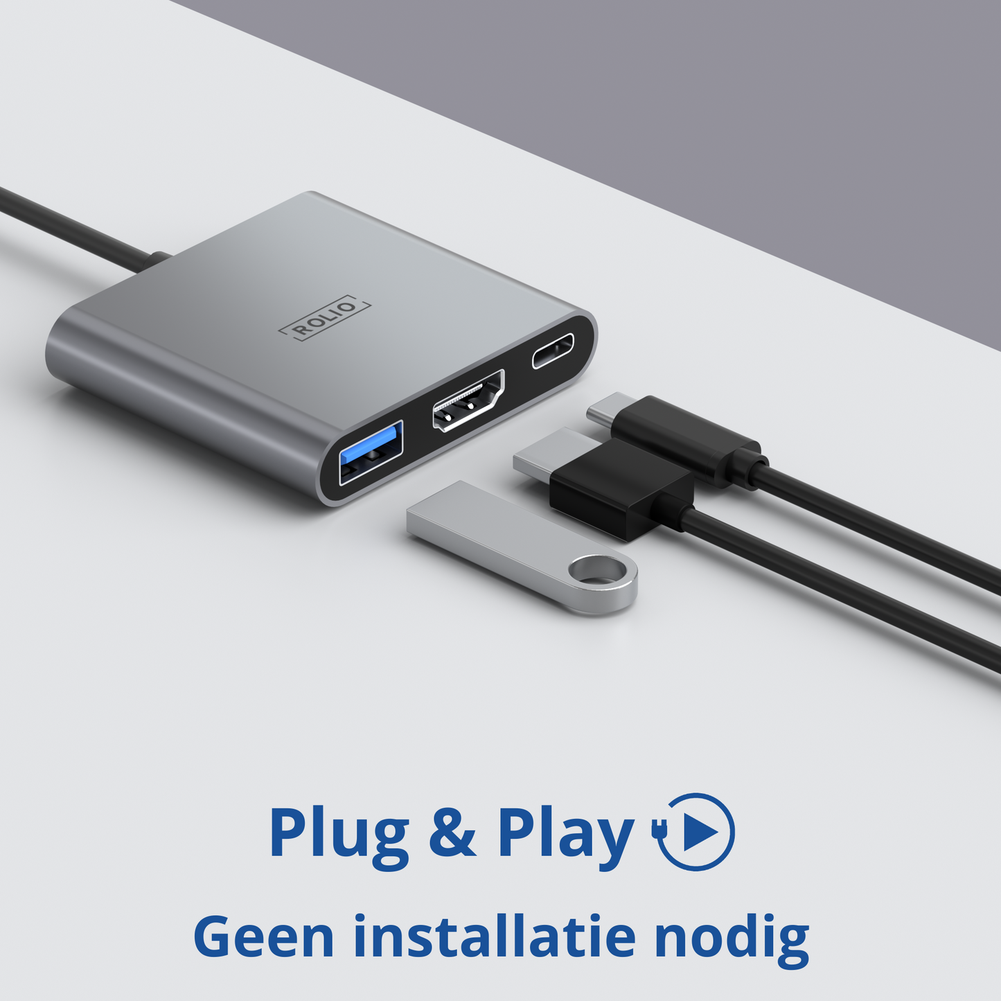 Rolio USB C naar HDMI Adapter - 3 in 1 - 4K HDMI - USB 3.0 - USB-C Opladen
