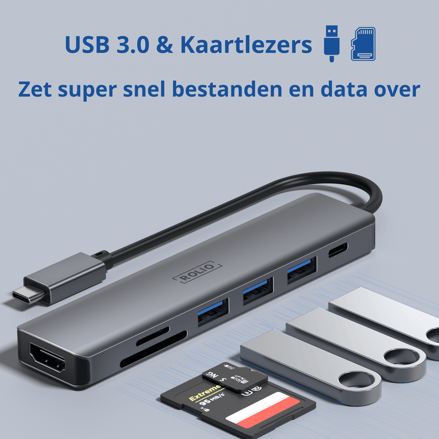 Rolio USB C Hub - 7 in 1 - HDMI - USB-C Charging - SD/TF - 3x USB 3.0