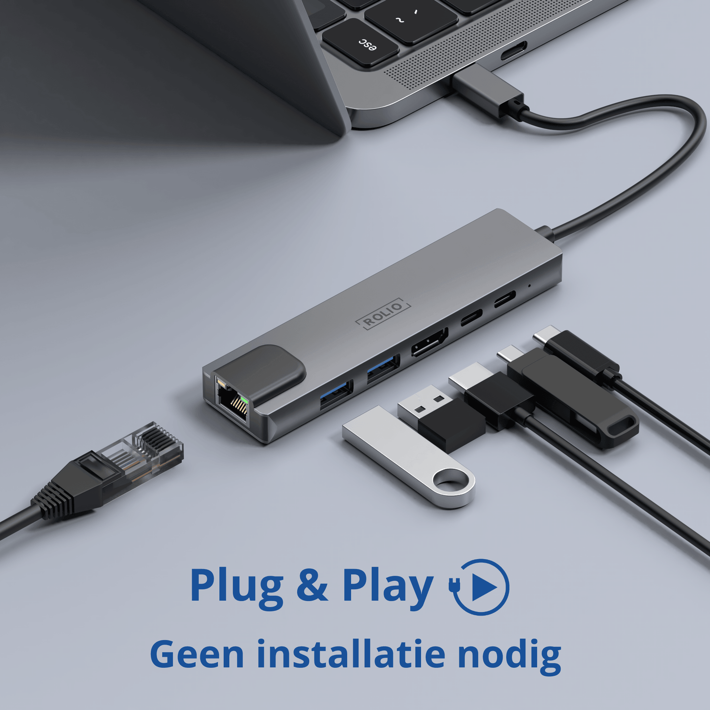 Rolio USB C Hub - 5 in 1 - HDMI - USB-C Opladen - Ethernet LAN - 2x USB 3.0
