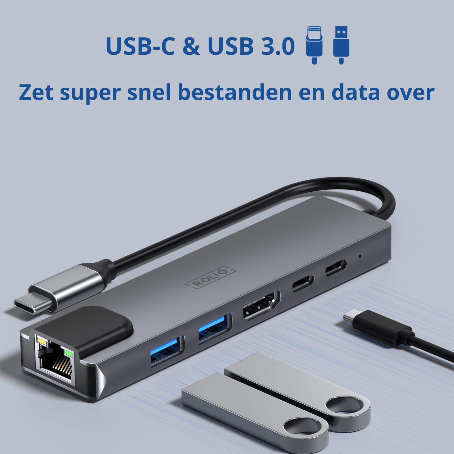 Rolio USB C Hub - 5 in 1 - HDMI - USB-C Opladen - Ethernet LAN - 2x USB 3.0