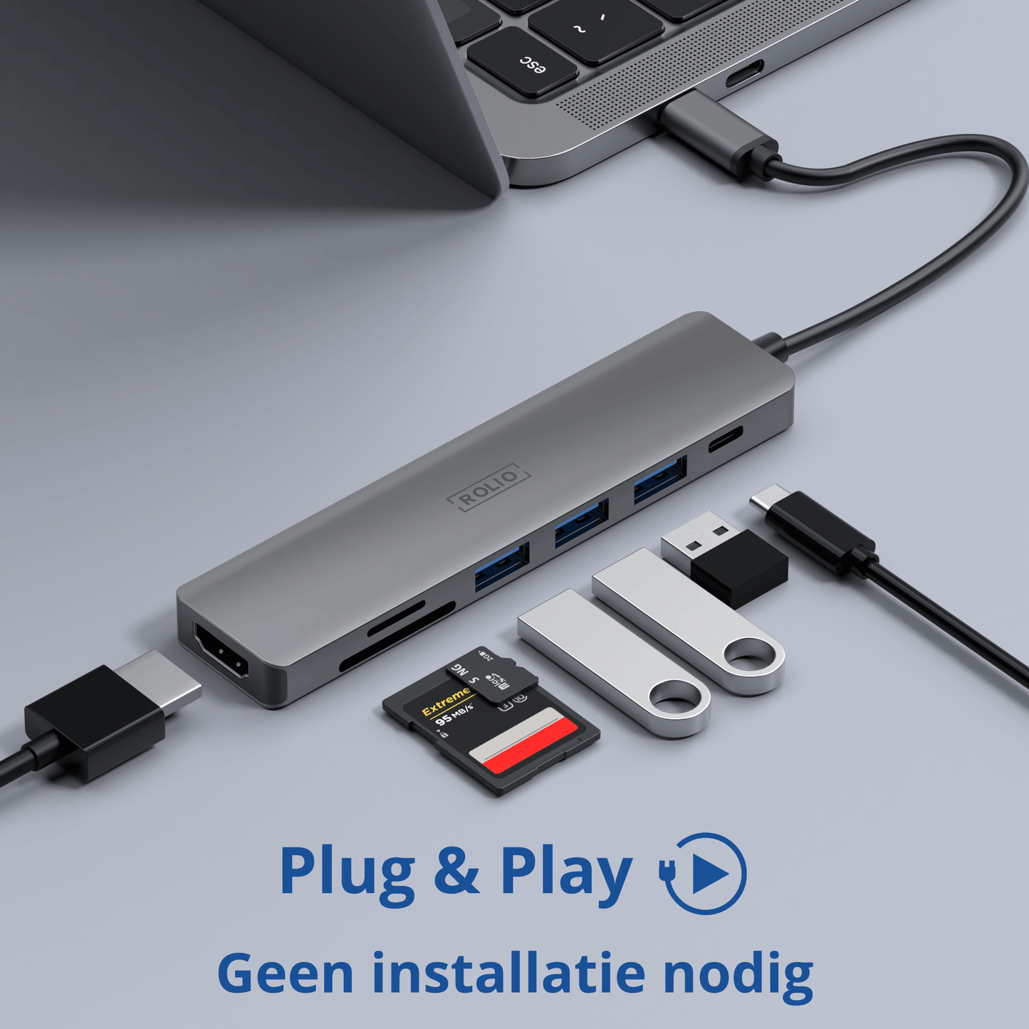 Rolio USB C Hub - 7 in 1 - HDMI - USB-C Charging - SD/TF - 3x USB 3.0