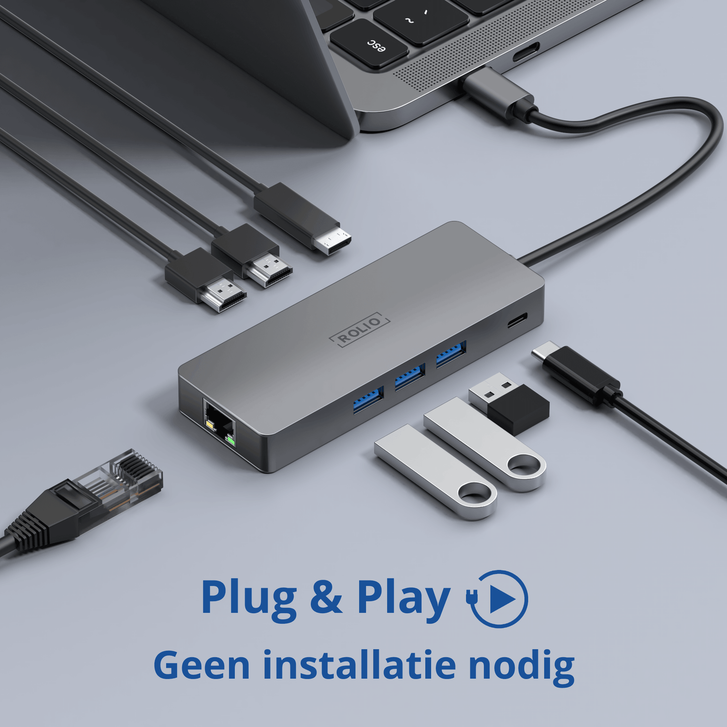 Rolio USB C Hub - Triple Monitor - 2x HDMI - 1x DisplayPort - 3x USB 3.0 - 1x USB-C - 1x Ethernet 1Gbps