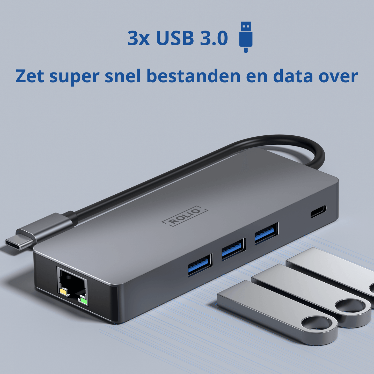 Rolio USB C Hub - Triple Monitor - 2x HDMI - 1x DisplayPort - 3x USB 3.0 - 1x USB-C - 1x Ethernet 1Gbps