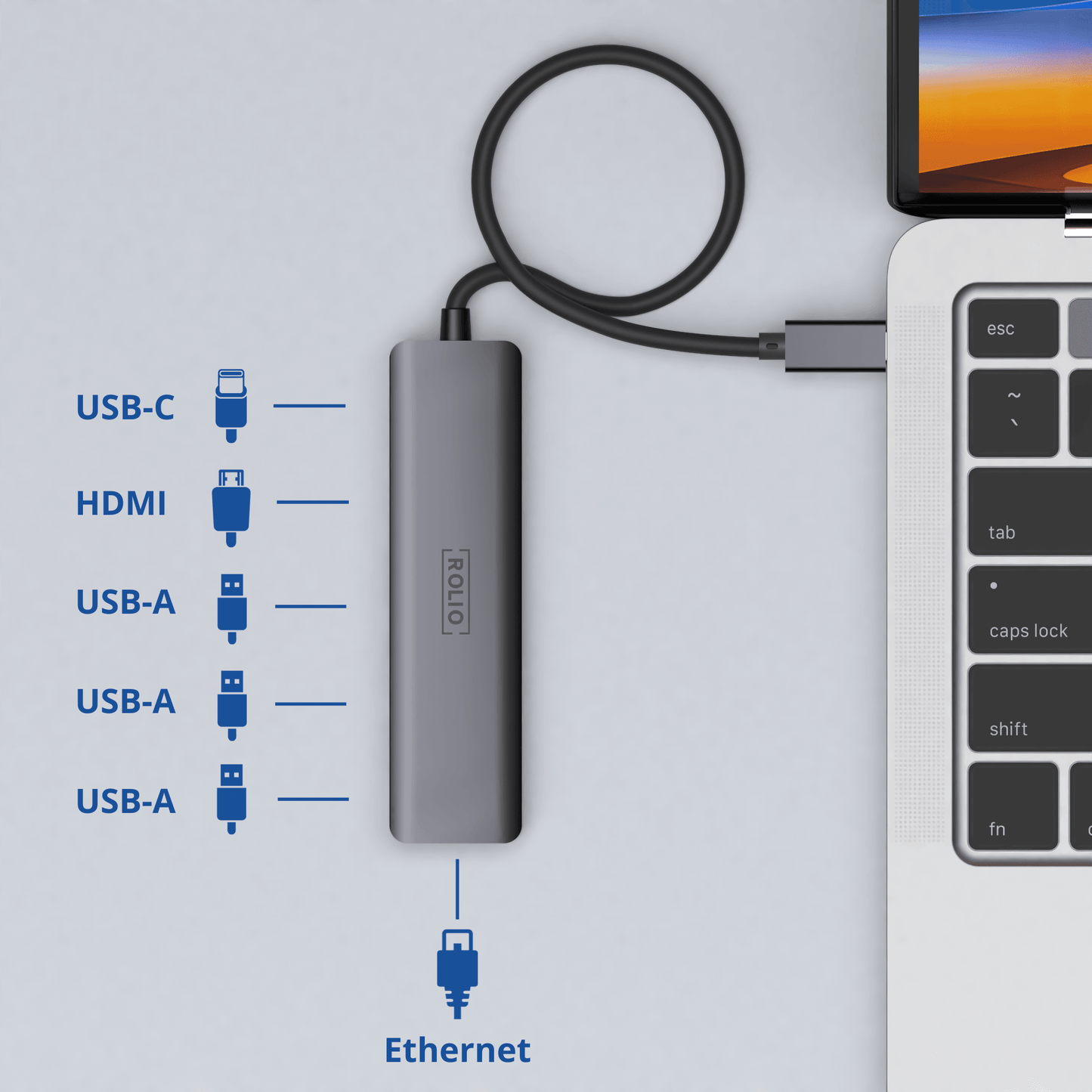 Rolio USB C Hub - 6 in 1 - 1Gbps Ethernet RJ45 - HDMI - USB-C Charging - 3x USB 3.0