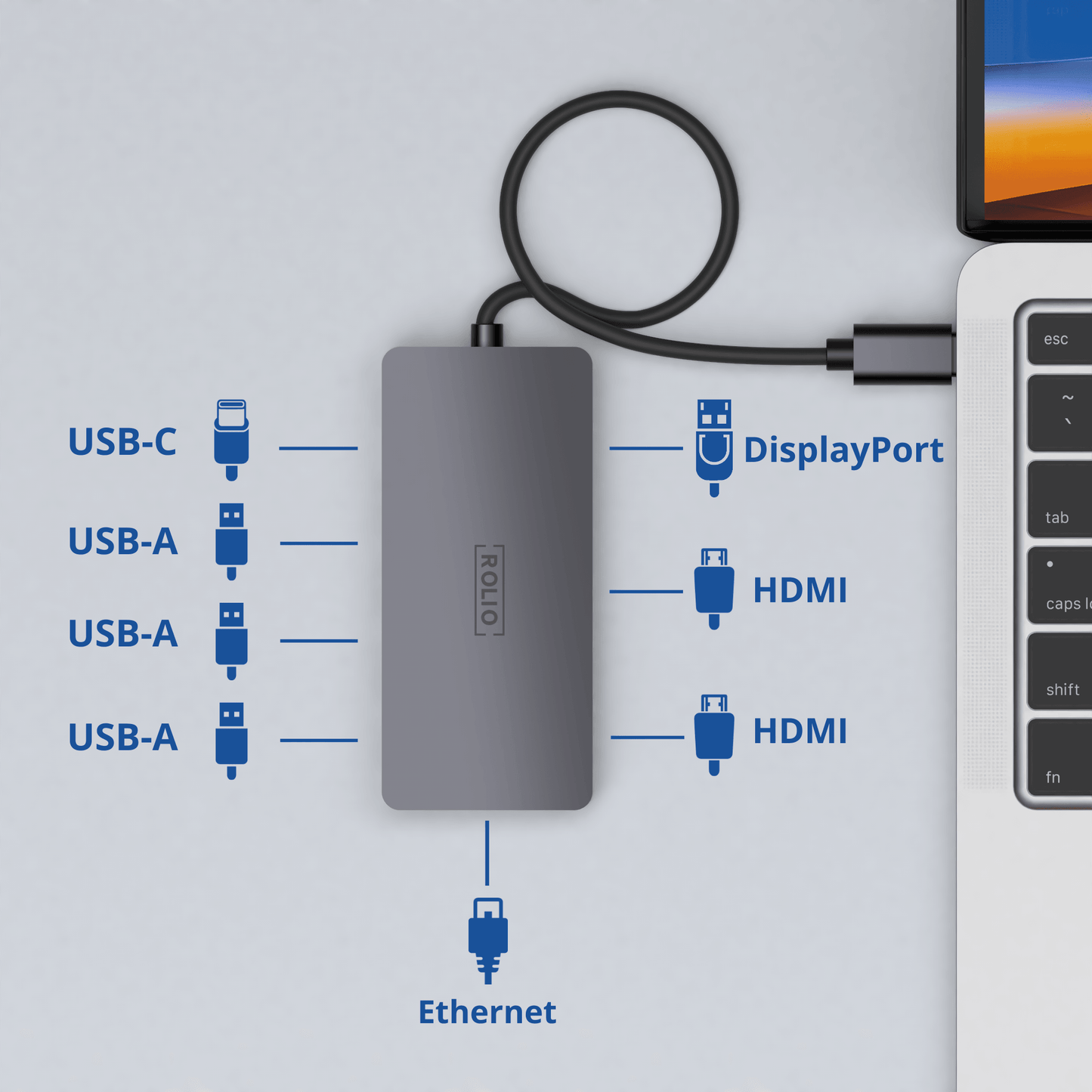 Rolio USB C Hub - Triple Monitor - 2x HDMI - 1x DisplayPort - 3x USB 3.0 - 1x USB-C - 1x Ethernet 1Gbps