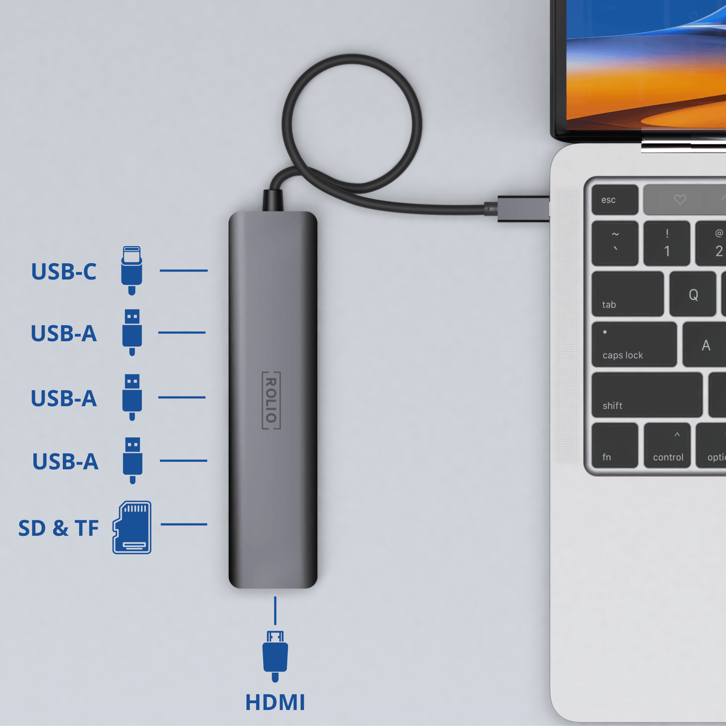 Rolio USB C Hub - 7 in 1 - HDMI - USB-C Charging - SD/TF - 3x USB 3.0