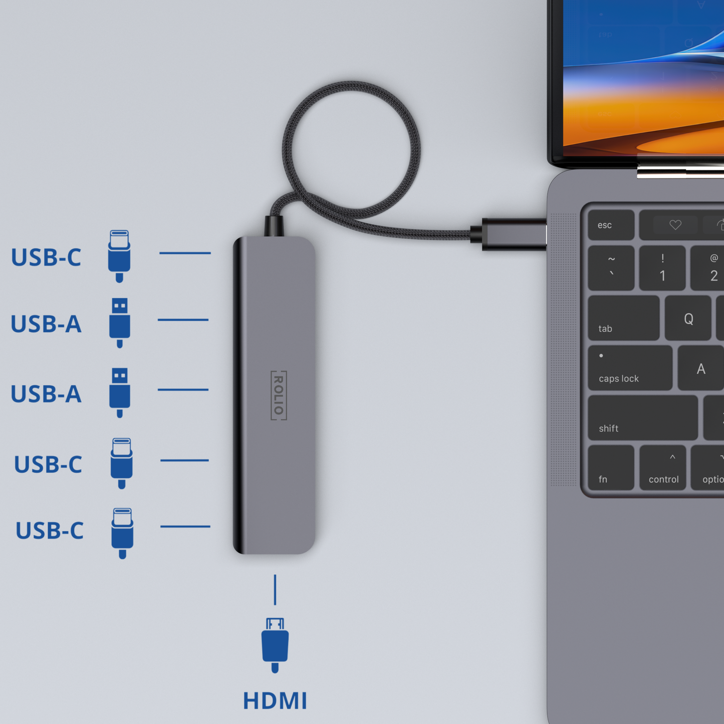 Rolio USB C Hub - 6 in 1 - HDMI - 3x USB-C - 2x USB-A