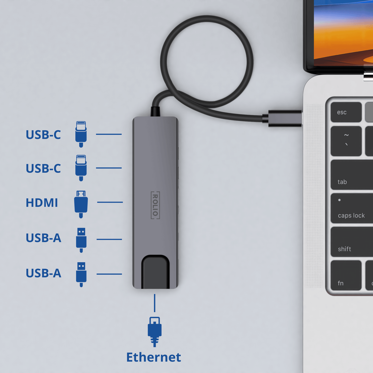 Rolio USB C Hub - 5 in 1 - HDMI - USB-C Opladen - Ethernet LAN - 2x USB 3.0