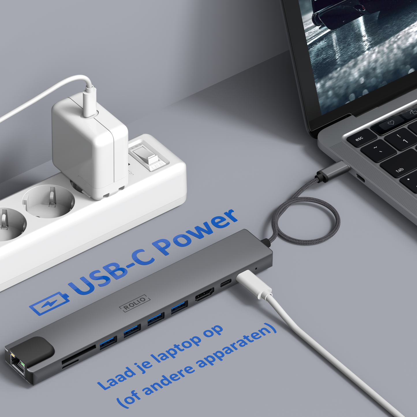 Rolio USB C Hub - 10 in 1 - HDMI - 2x USB-C - SD/TF - 4x USB-A - Ethernet