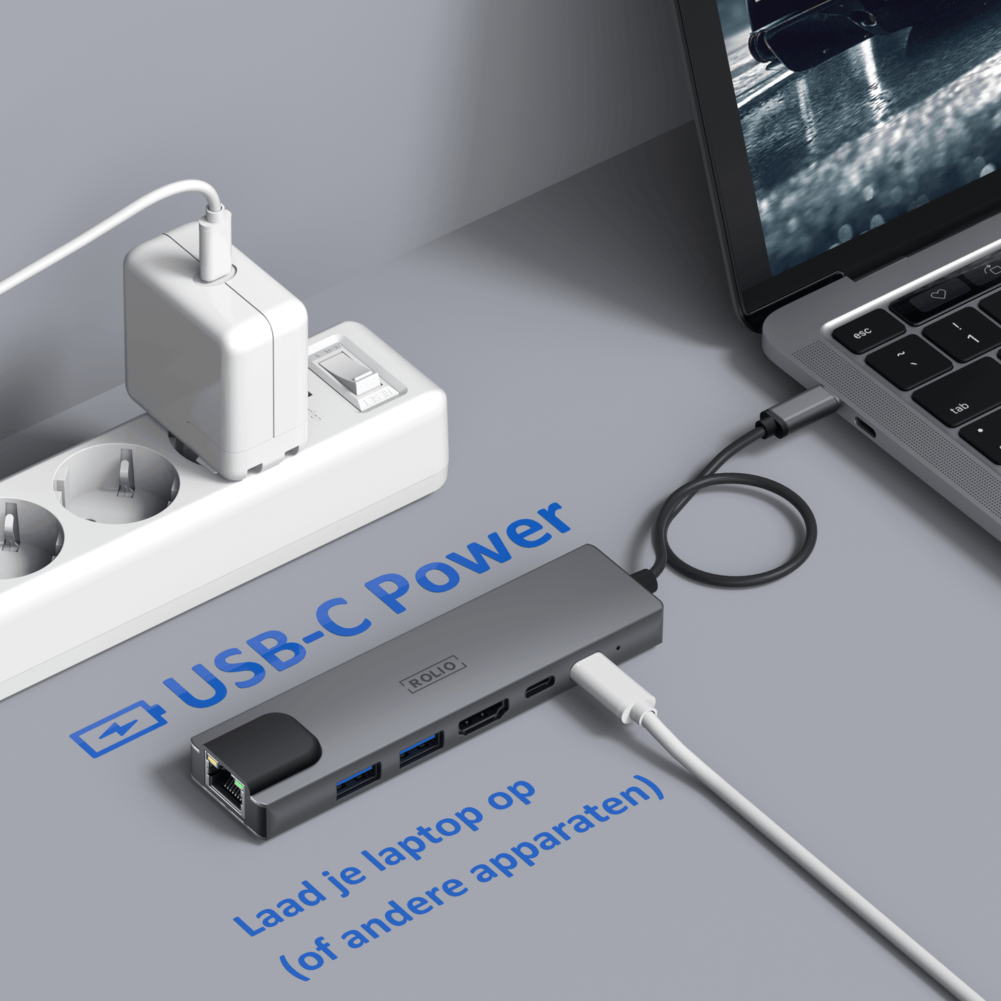 Rolio USB C Hub - 5 in 1 - HDMI - USB-C Opladen - Ethernet LAN - 2x USB 3.0