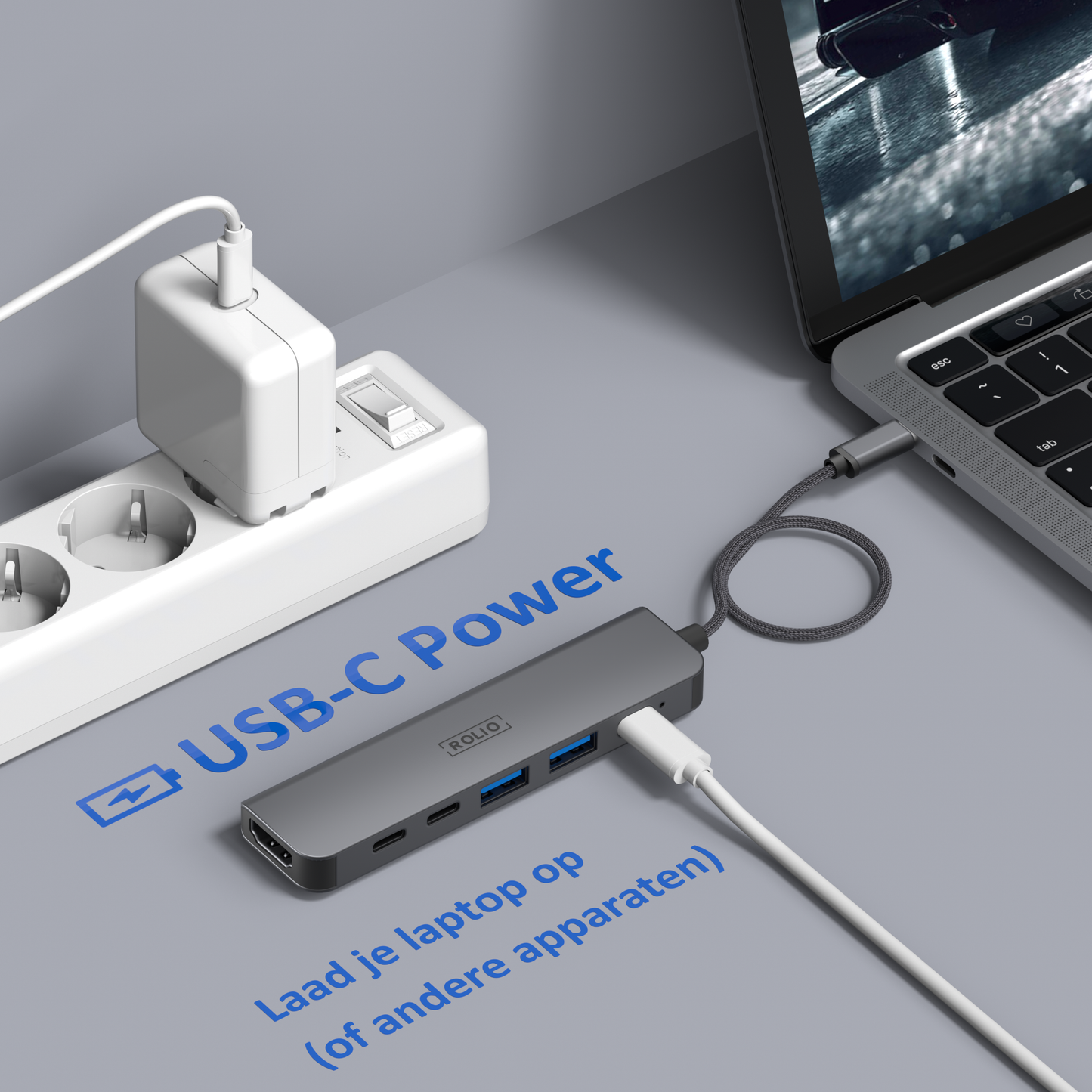 Rolio USB C Hub - 6 in 1 - HDMI - 3x USB-C - 2x USB-A