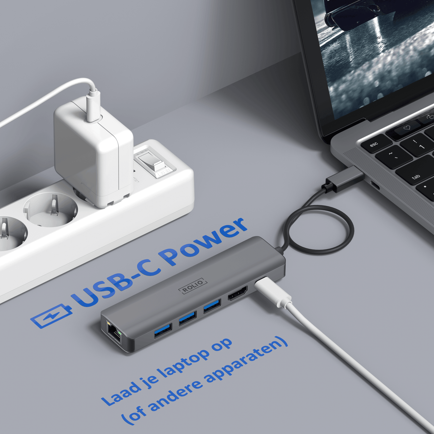 Rolio USB C Hub - 6 in 1 - 1Gbps Ethernet RJ45 - HDMI - USB-C Charging - 3x USB 3.0