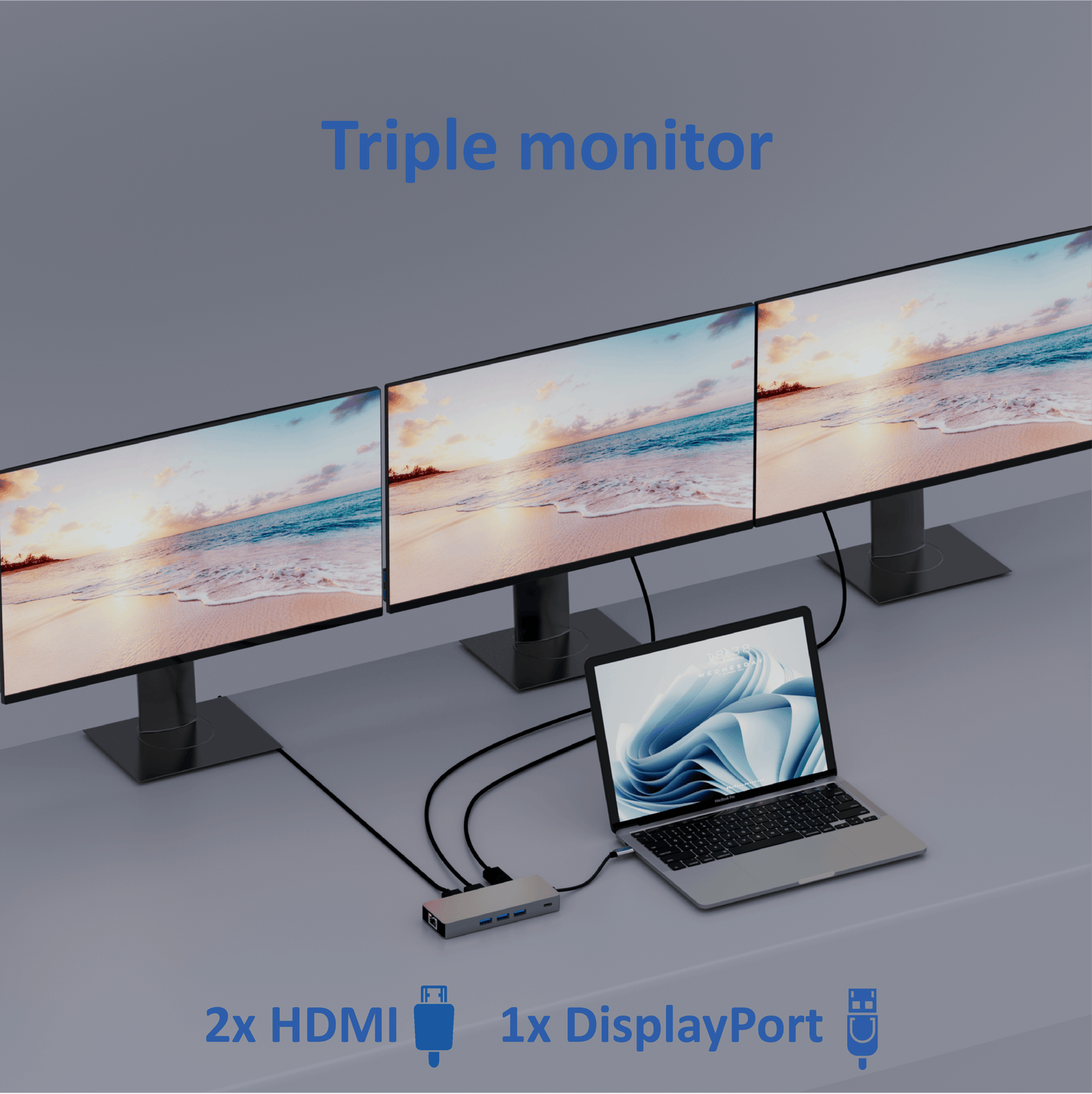 Rolio USB C Hub - Triple Monitor - 2x HDMI - 1x DisplayPort - 3x USB 3.0 - 1x USB-C - 1x Ethernet 1Gbps