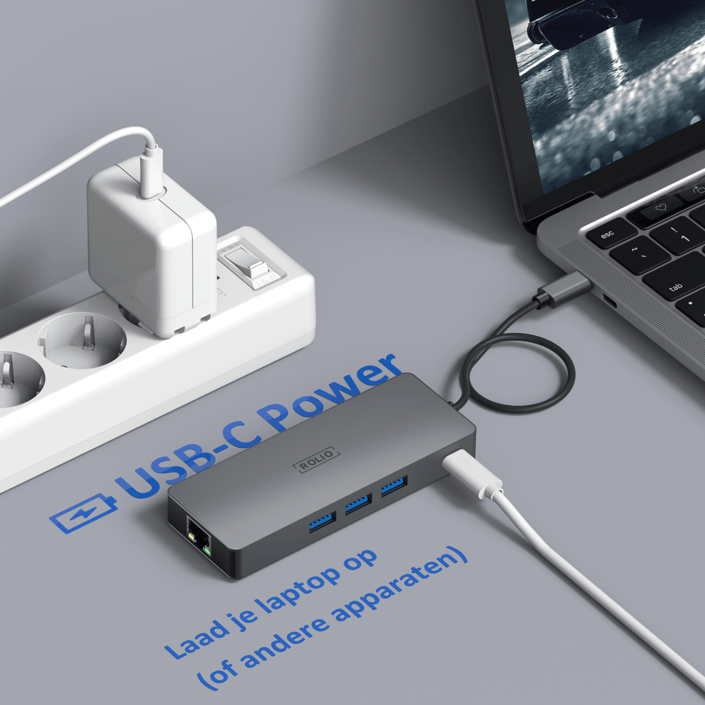 Rolio USB C Hub - Triple Monitor - 2x HDMI - 1x DisplayPort - 3x USB 3.0 - 1x USB-C - 1x Ethernet 1Gbps