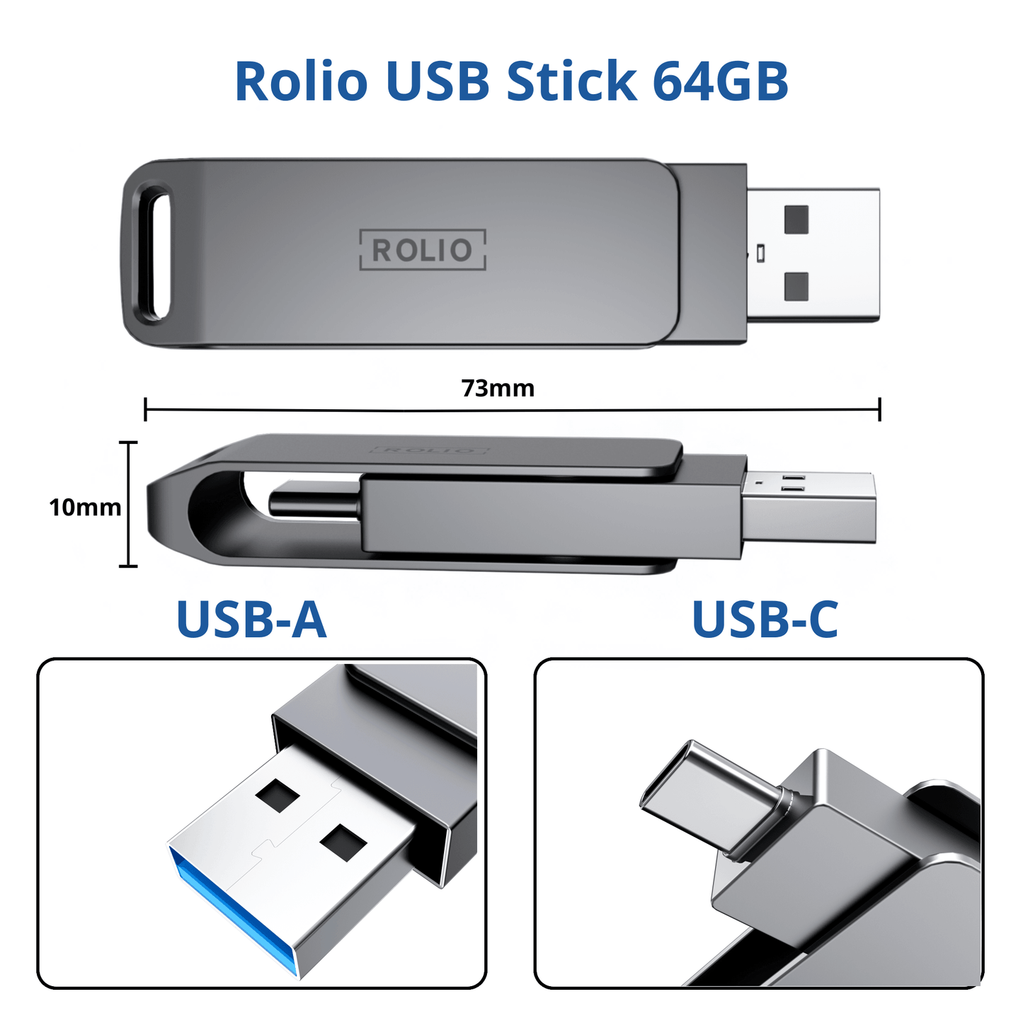 Rolio USB Stick 64 GB - USB C and USB A - 800Mbps - USB 3.0