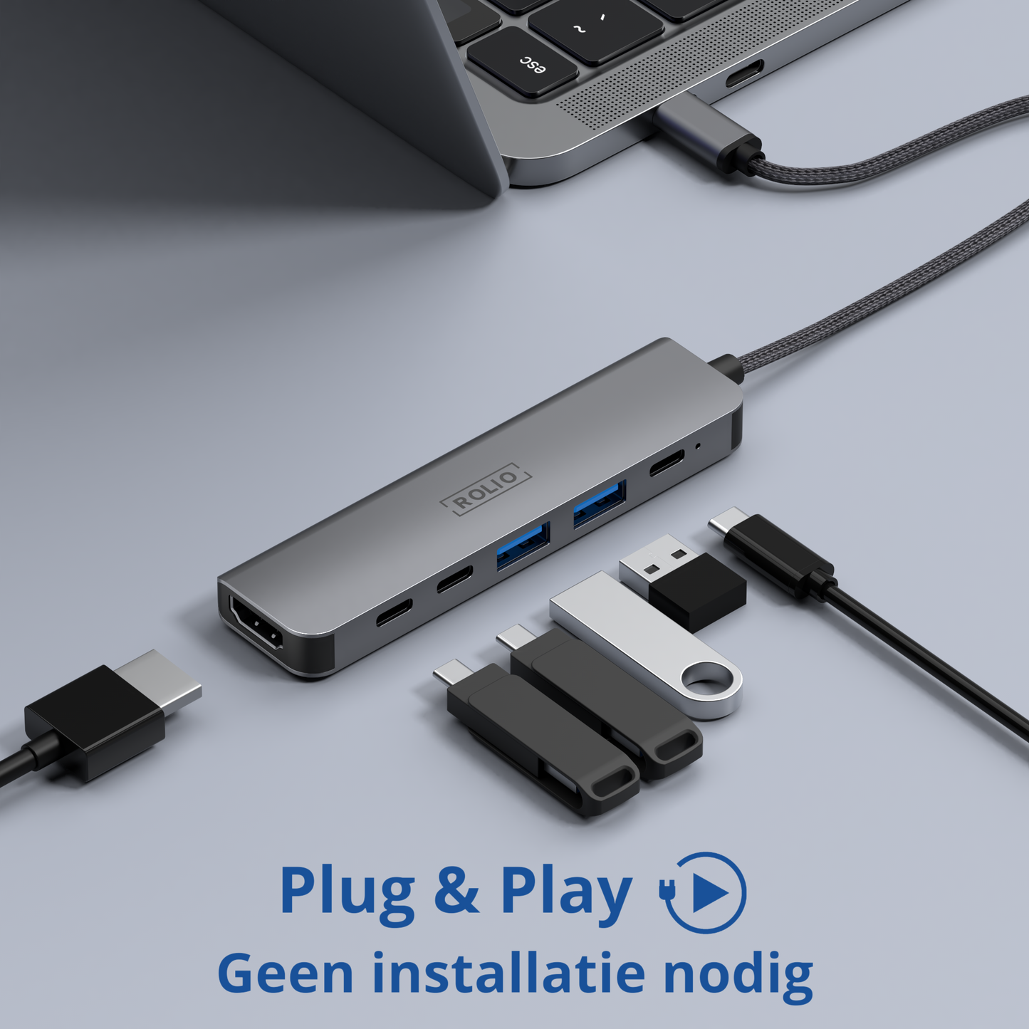 Rolio USB C Hub - 6 in 1 - HDMI - 3x USB-C - 2x USB-A