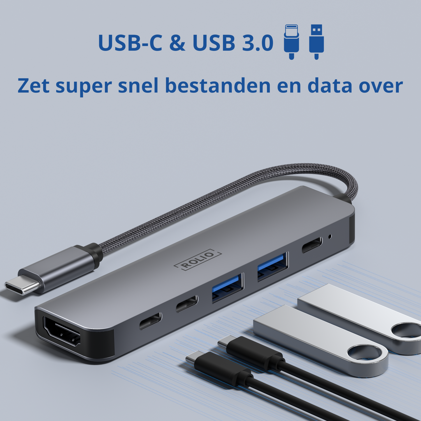 Rolio USB C Hub - 6 in 1 - HDMI - 3x USB-C - 2x USB-A