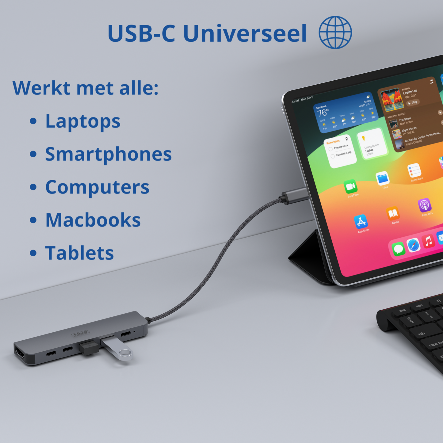 Rolio USB C Hub - 6 in 1 - HDMI - 3x USB-C - 2x USB-A
