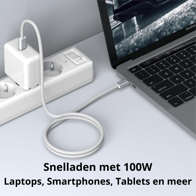 Rolio USB C Kabel - Magnetisch Oprollen - 2 Meter - 100W Oplaadkabel - USB C naar USB C - Wit - Rolio