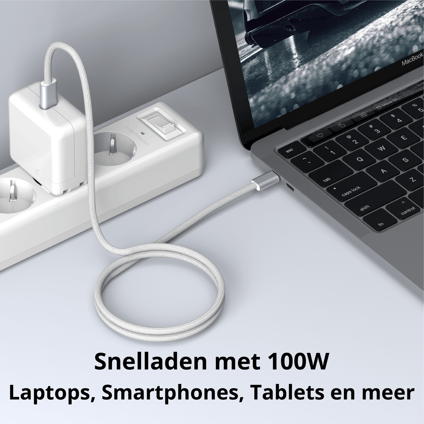 Rolio USB C Kabel - Magnetisch Oprollen - 1 Meter - 100W Oplaadkabel - USB C naar USB C - Wit - Rolio