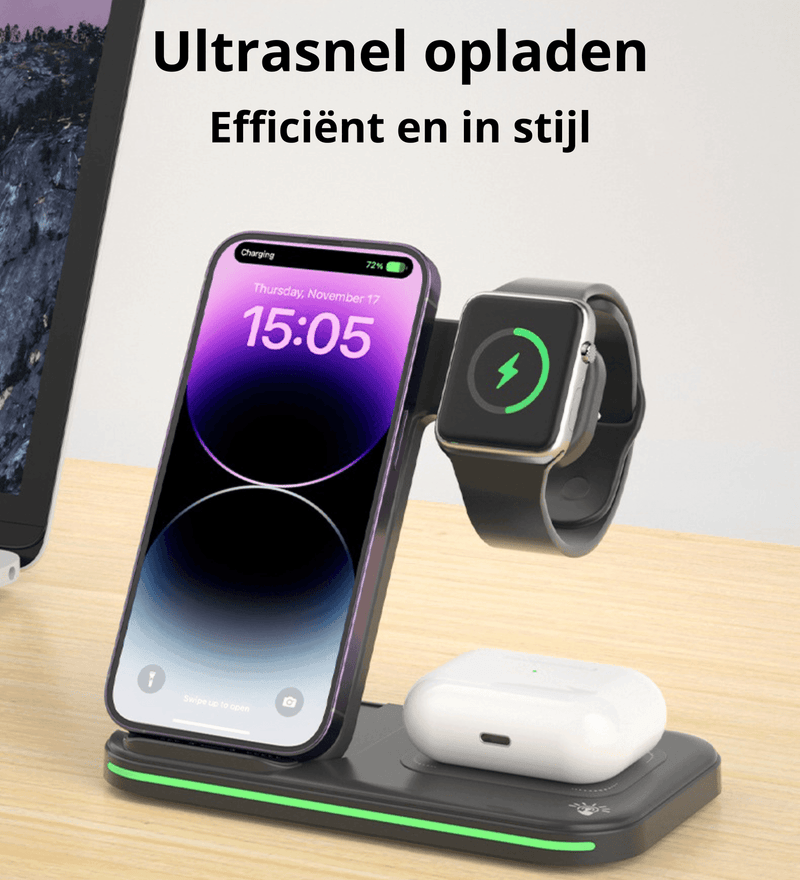 Rolio 3-in-1 Draadloze Oplader - 15W Snellader - Universeel - Rolio