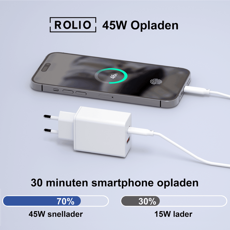 Rolio Oplader 45W - 1x USB C - 1x USB A - Snellader - Rolio