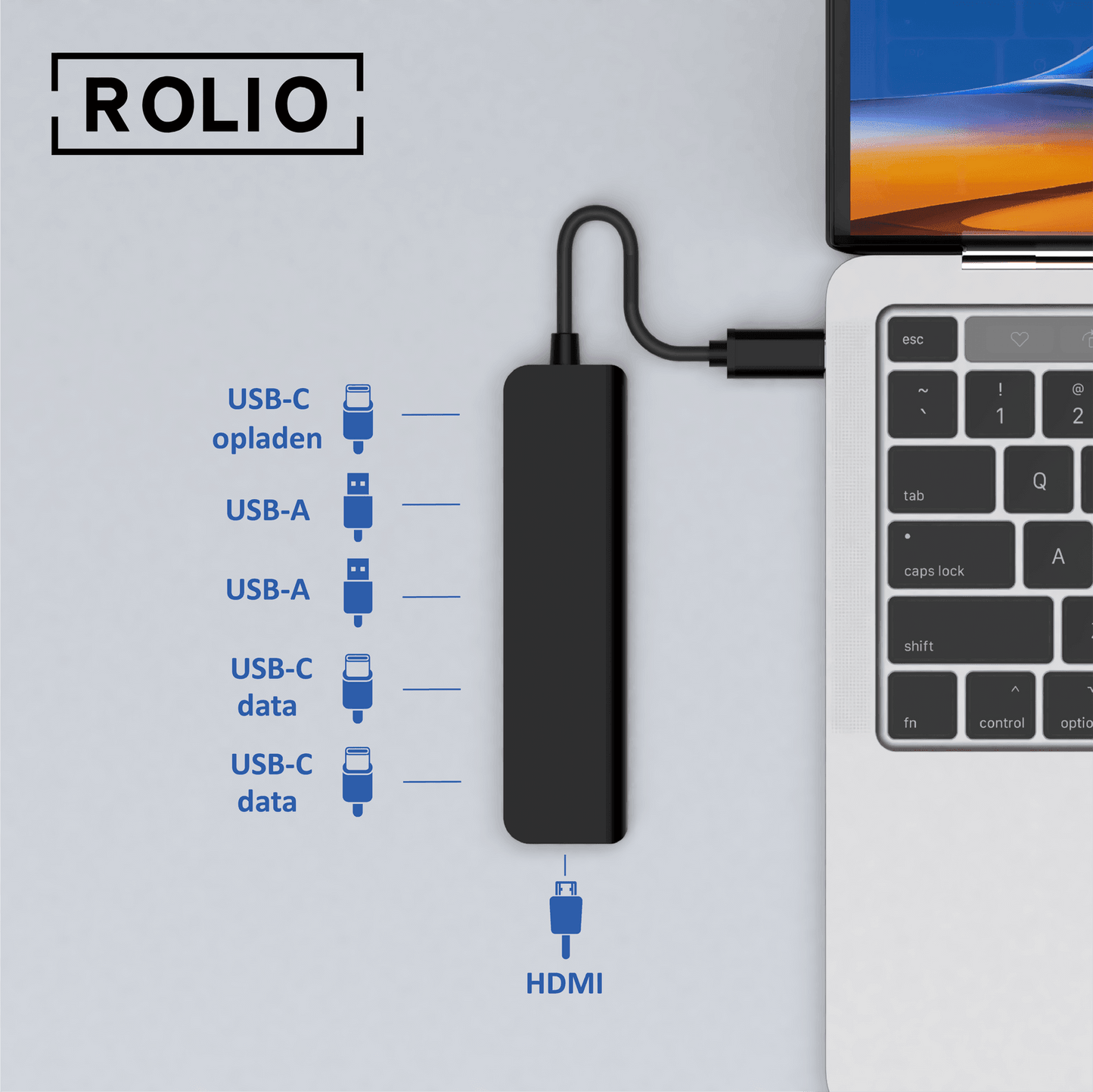 Rolio USB C Hub - 6 in 1 - HDMI - 3x USB-C - 2x USB-A - Zwart - Rolio