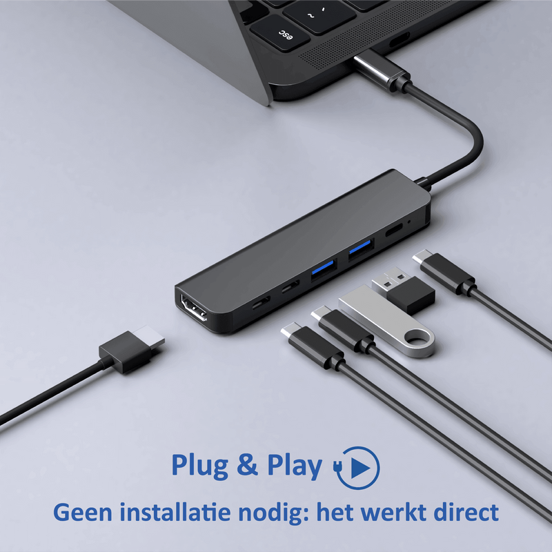 Rolio USB C Hub - 6 in 1 - HDMI - 3x USB-C - 2x USB-A - Zwart - Rolio
