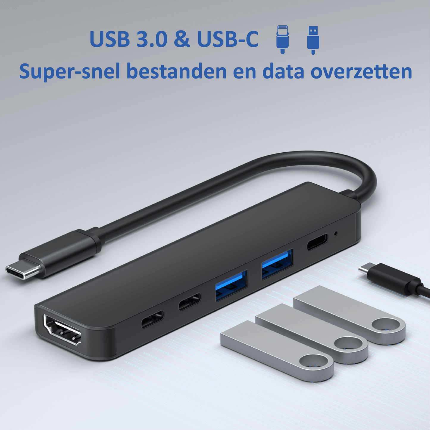 Rolio USB C Hub - 6 in 1 - HDMI - 3x USB-C - 2x USB-A - Zwart - Rolio