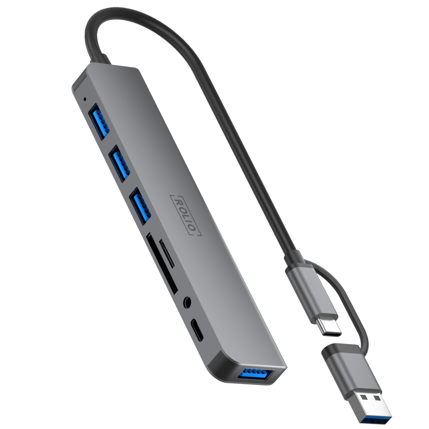 Rolio USB C Hub – 4x USB-A – USB-C – 3,5 mm Aux – SD/TF-Kartenleser – inklusive Konverter