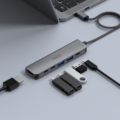Rolio USB C Hub 35CM kabel - 6 in 1 - HDMI - 3x USB-C - 2x USB-A