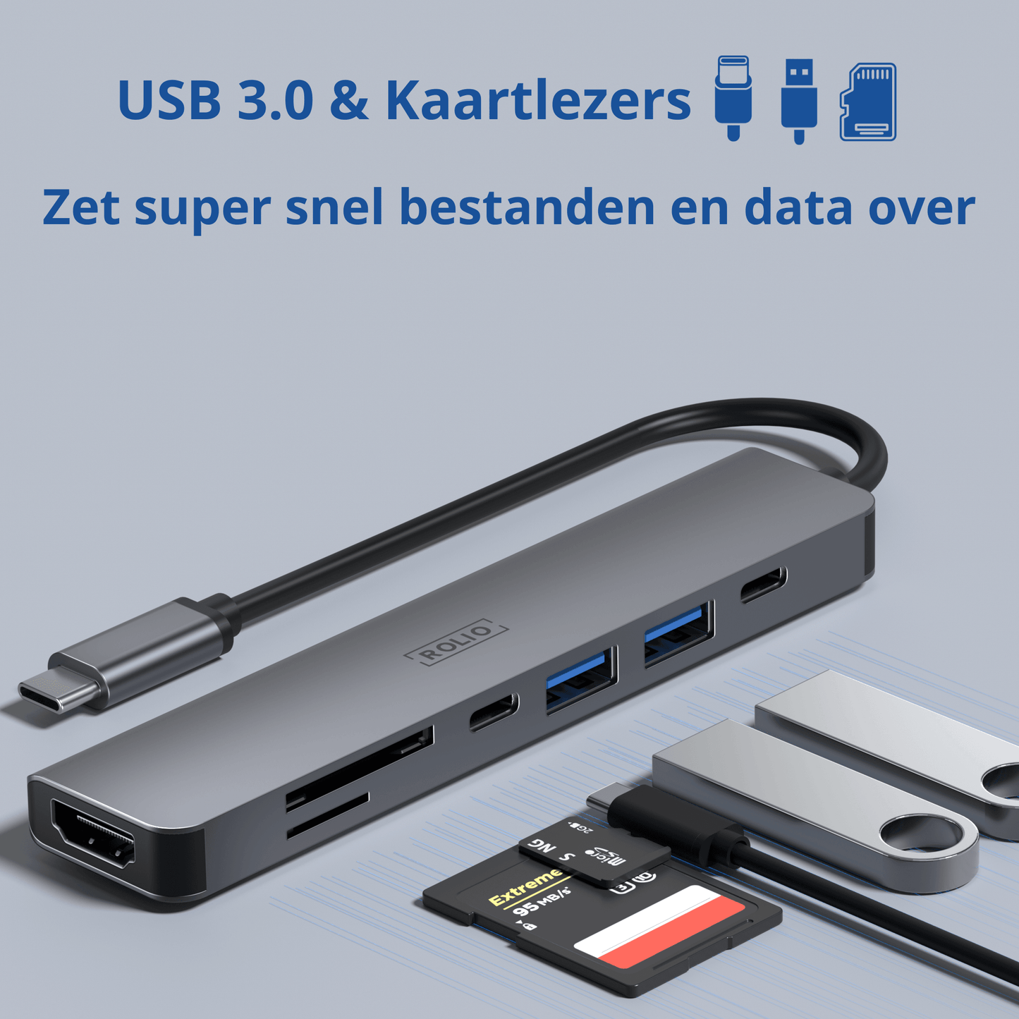 Rolio USB-C-Hub – 7 in 1 – HDMI 4K – 2x USB-C – 2x USB-A – SD/TF