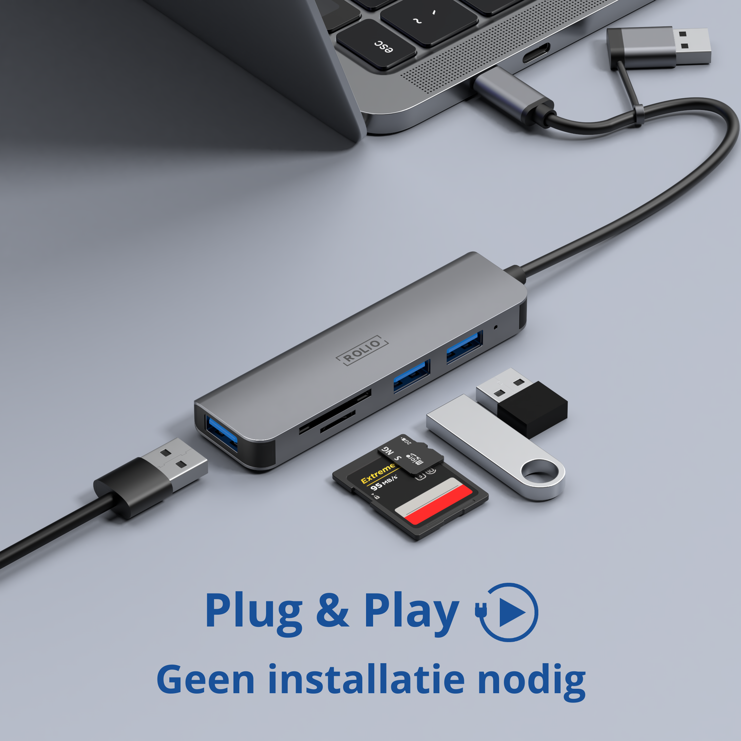 Rolio USB-C-Adapter – 5 in 1 – SD/TF-Kartenleser – 3x USB 3.0