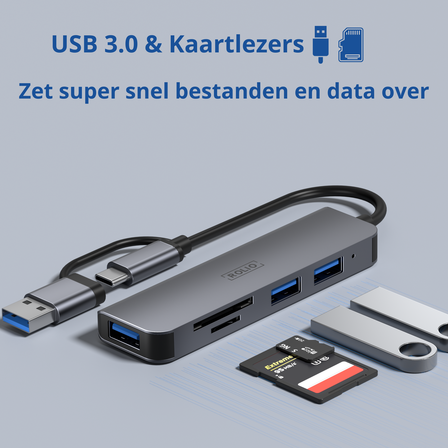 Rolio USB-C-Adapter – 5 in 1 – SD/TF-Kartenleser – 3x USB 3.0
