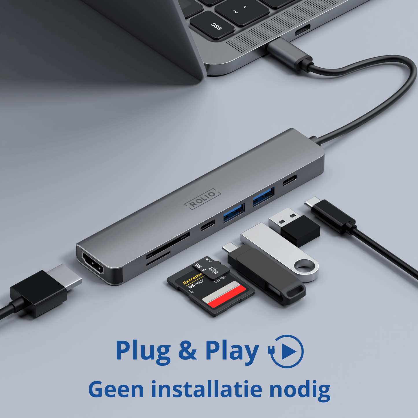 Rolio USB-C-Hub – 7 in 1 – HDMI 4K – 2x USB-C – 2x USB-A – SD/TF