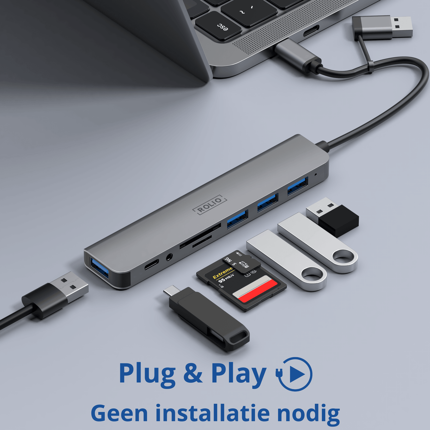 Rolio USB C Hub – 4x USB-A – USB-C – 3,5 mm Aux – SD/TF-Kartenleser – inklusive Konverter