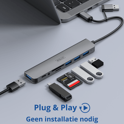Rolio USB C Hub – 4x USB-A – USB-C – 3,5 mm Aux – SD/TF-Kartenleser – inklusive Konverter