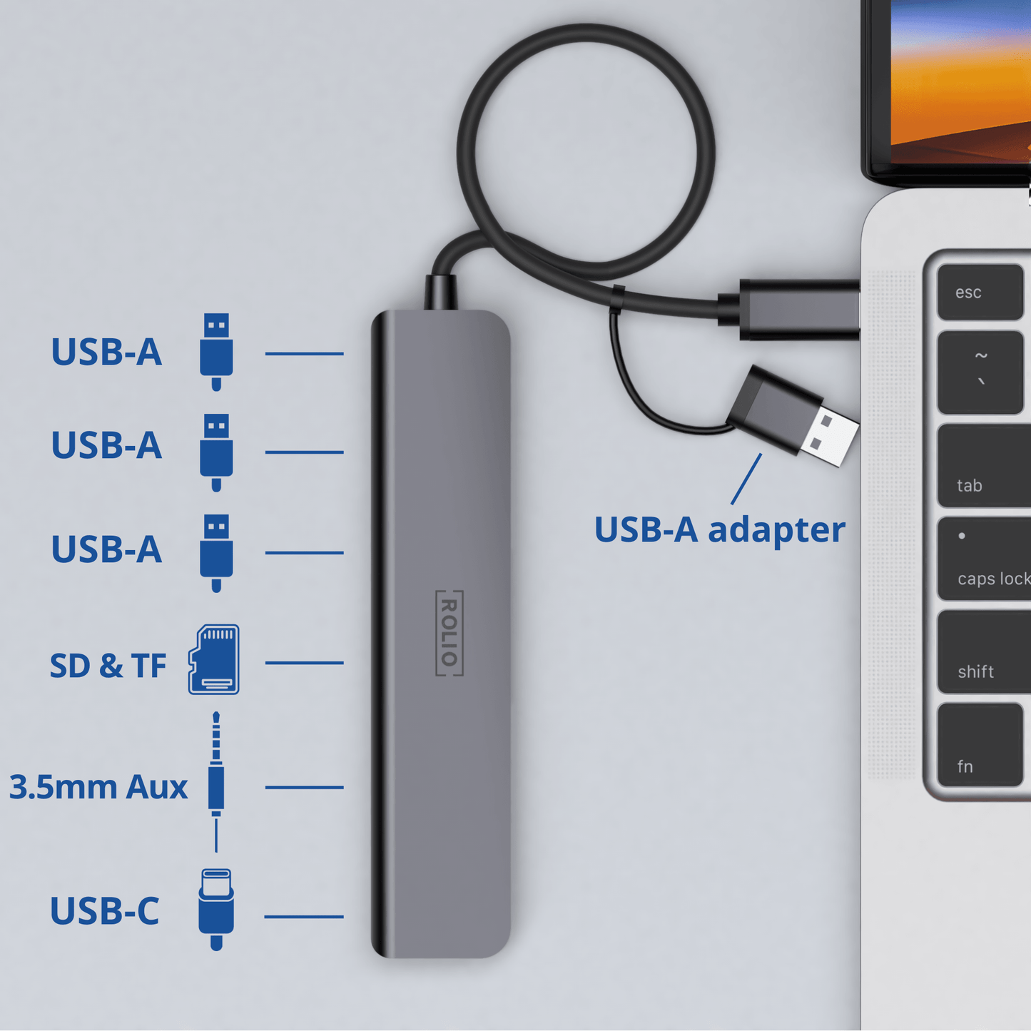 Rolio USB C Hub – 4x USB-A – USB-C – 3,5 mm Aux – SD/TF-Kartenleser – inklusive Konverter