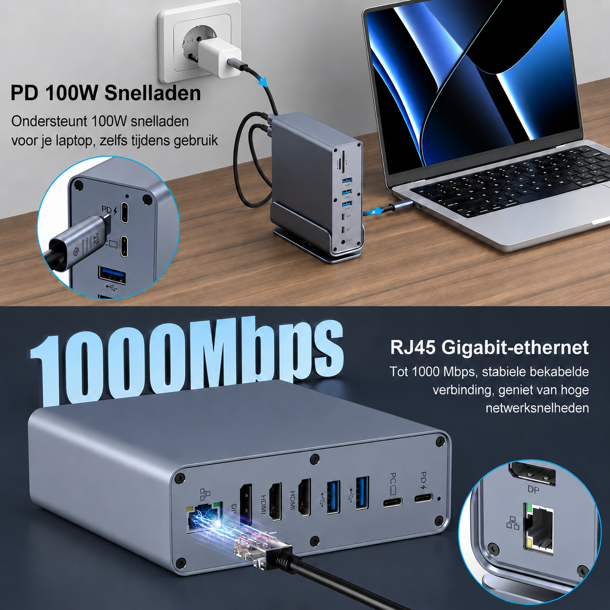 Rolio 16-in-1 Premium USB-C Docking Station - Triple Monitor 4K@60Hz (2x HDMI & 1x DisplayPort) - USB 3.2 10Gbps - 100W Power Delivery - Hub - Gigabit Ethernet