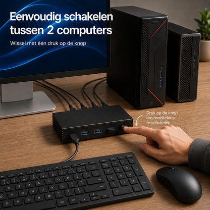 Rolio KVM Switch - 2 PC's delen - USB switch - 4K HDMI - Apparaten aansluiten op 2 Computers/Laptops - Zwart