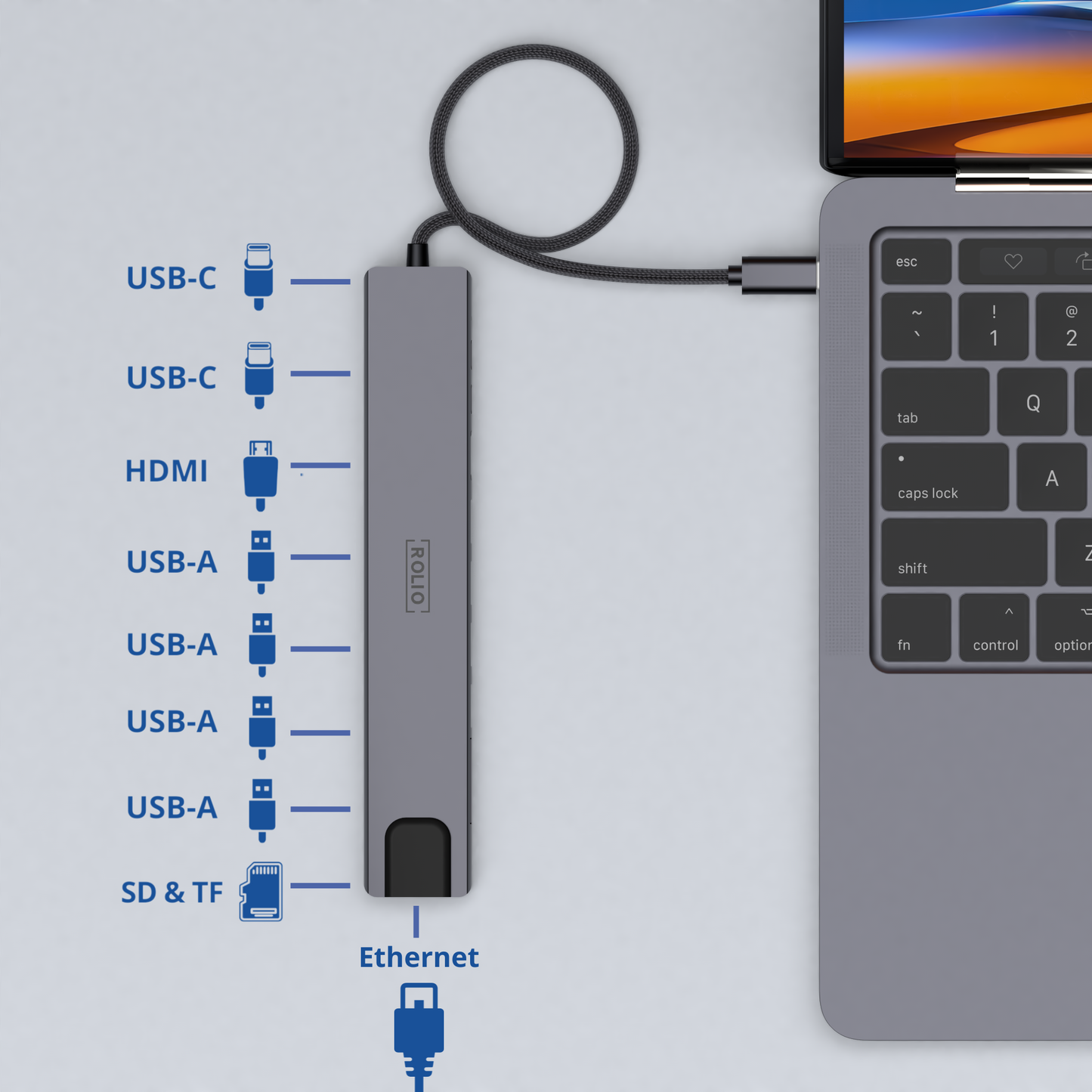 Rolio USB-C-Hub – 10 in 1 – HDMI – 2 x USB-C – SD/TF – 4 x USB-A – Ethernet