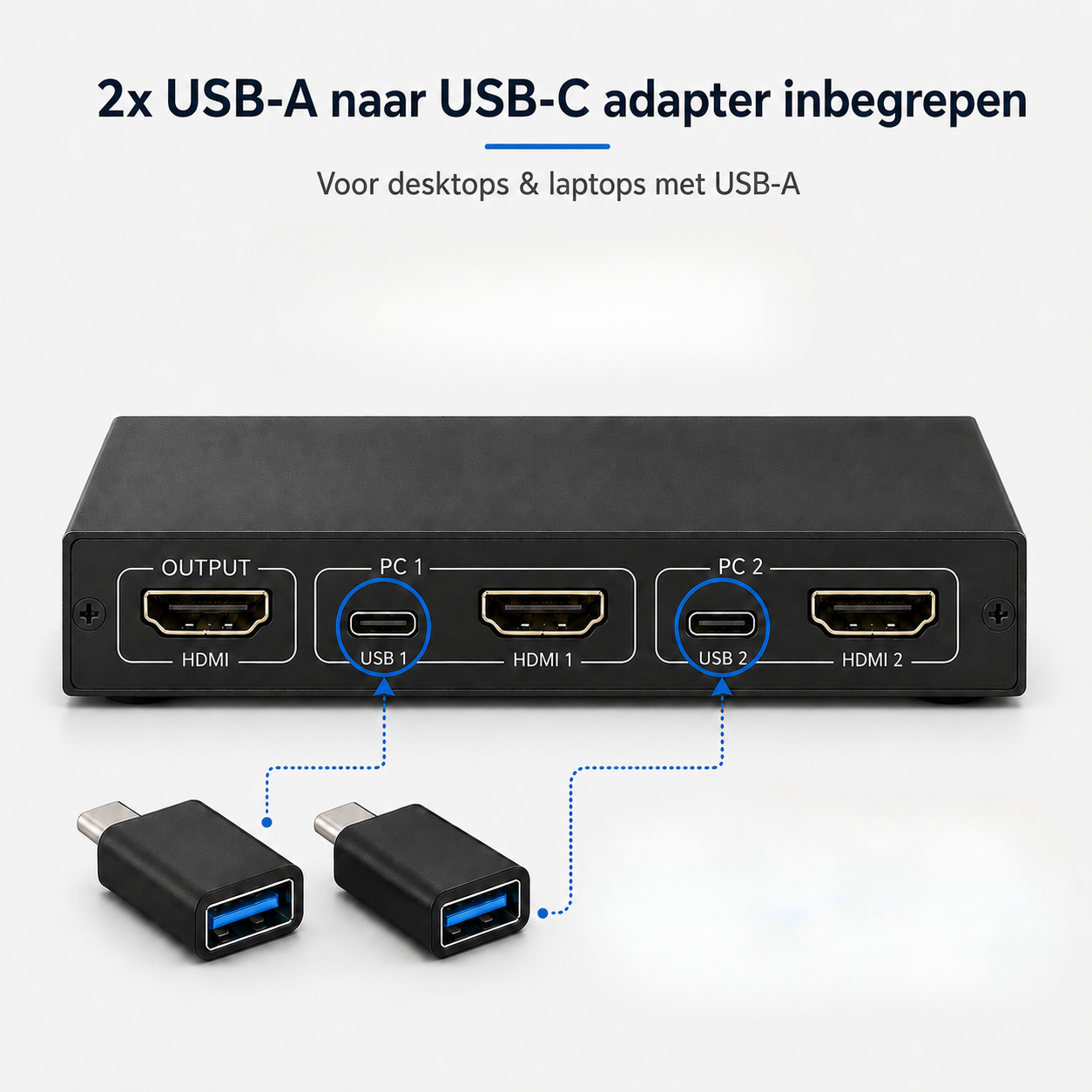 Rolio KVM Switch - 2 PC's delen - USB switch - 4K HDMI - Apparaten aansluiten op 2 Computers/Laptops - Zwart
