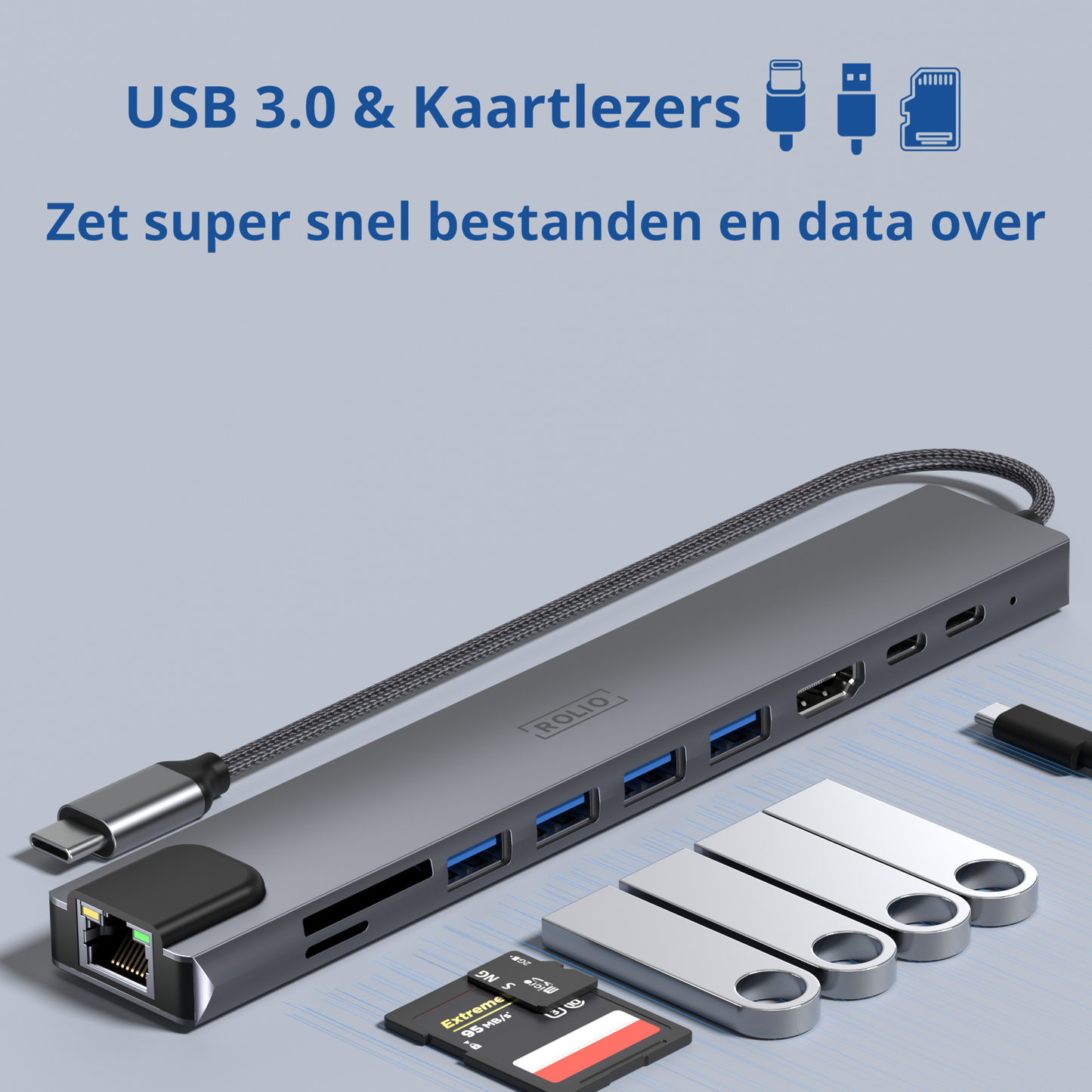 Rolio USB-C-Hub – 10 in 1 – HDMI – 2 x USB-C – SD/TF – 4 x USB-A – Ethernet