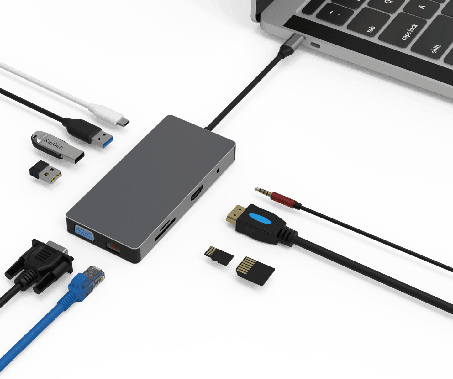 Rolio USB C Hub - 10 in 1 - HDMI - VGA - Ethernet LAN - USB-C - USB 3.0 - Aux - SD/TF - Rolio
