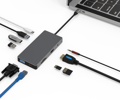 Rolio USB C Hub - 10 in 1 - HDMI - VGA - Ethernet LAN - USB-C - USB 3.0 - Aux - SD/TF - Rolio